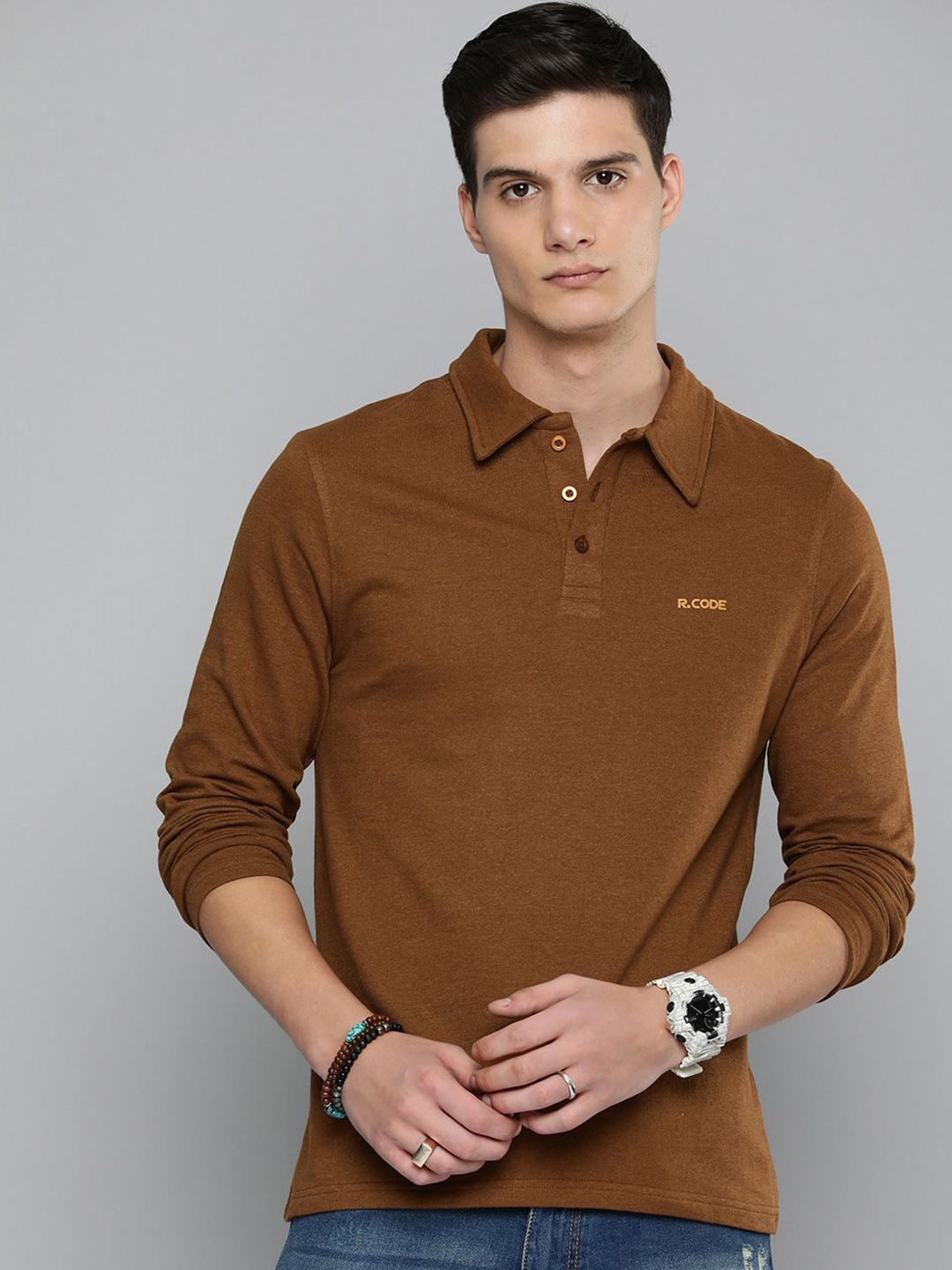 

R.Code by The Roadster Life Co. Men Shirt Collar Brand Logo Sweatshirt, Mustard