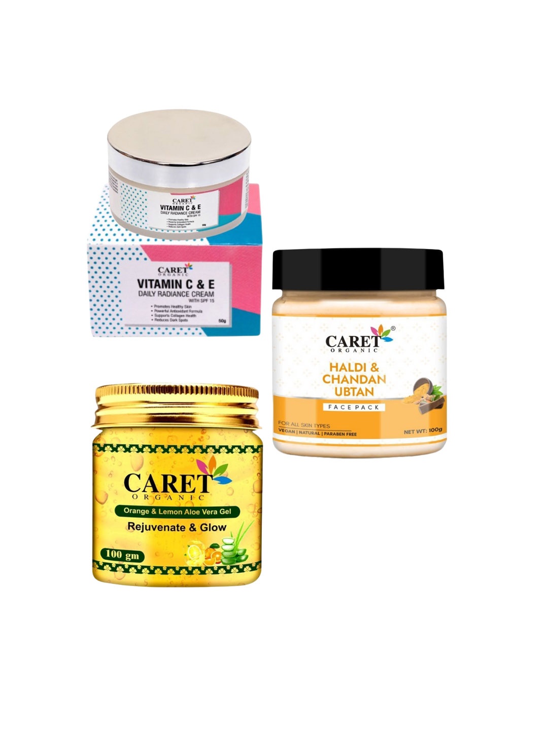 

CARET ORGANIC Set of 3 Vitamin C Cream, Aloevera Gel & Haldi Chandan Ubtan Face Pack, White