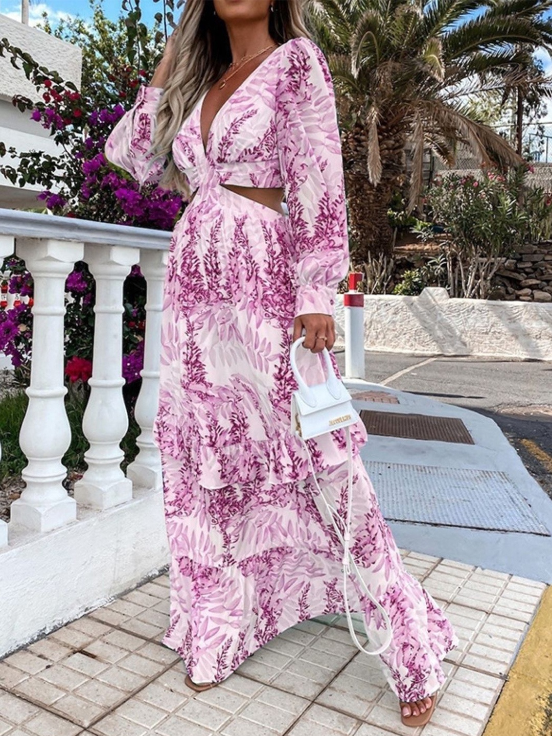 

StyleCast Tropical Print V-Neck Long Sleeves Maxi Maxi Dress, Purple