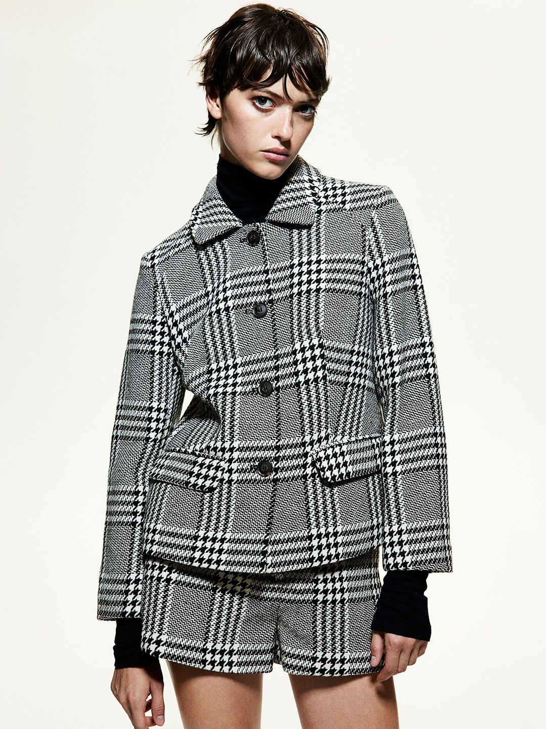 

H&M Checked Long Sleeve Coat, Black