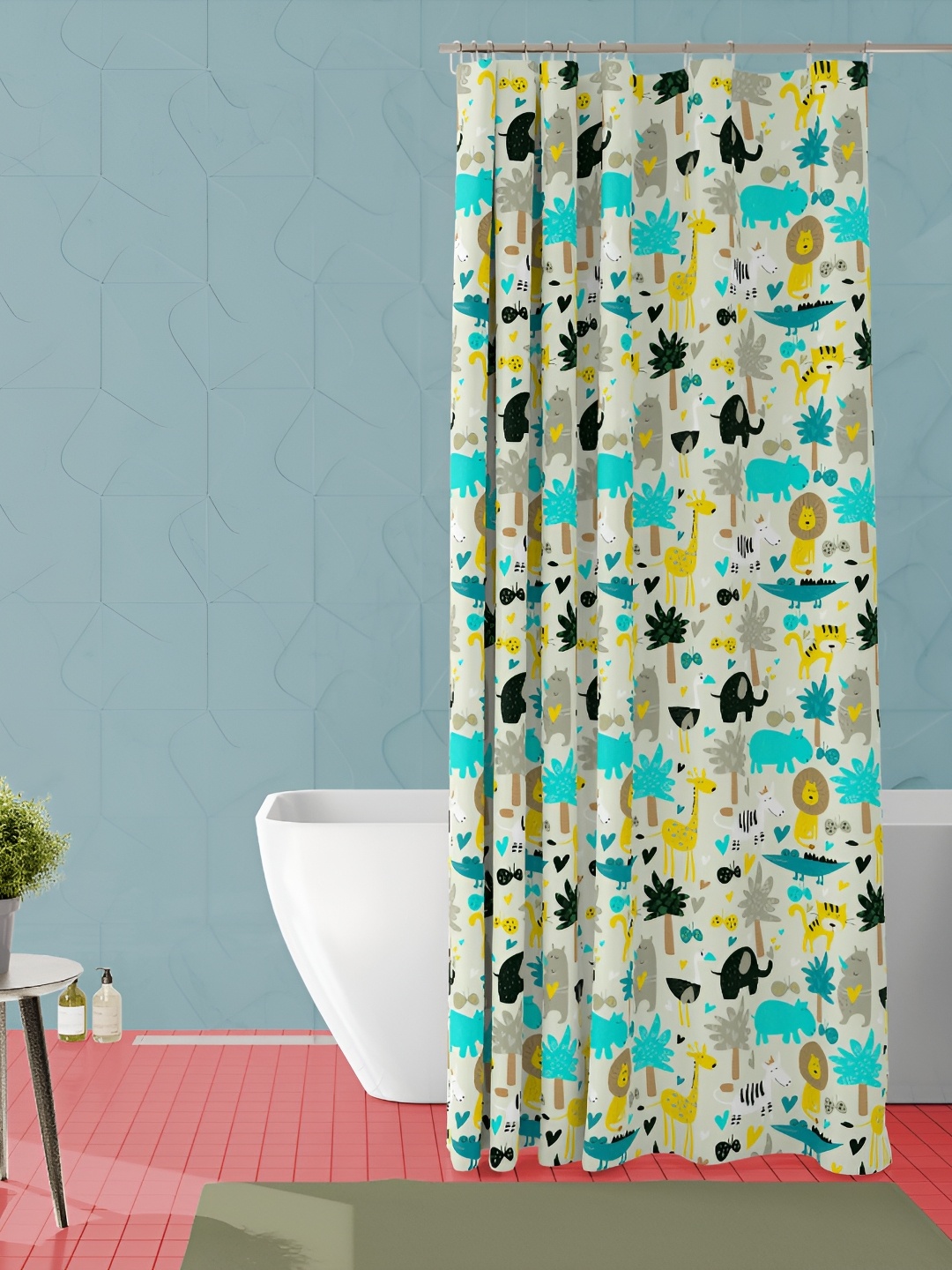 

ArtzFolio Beige and Blue Conversational Printed Waterproof Shower Curtain