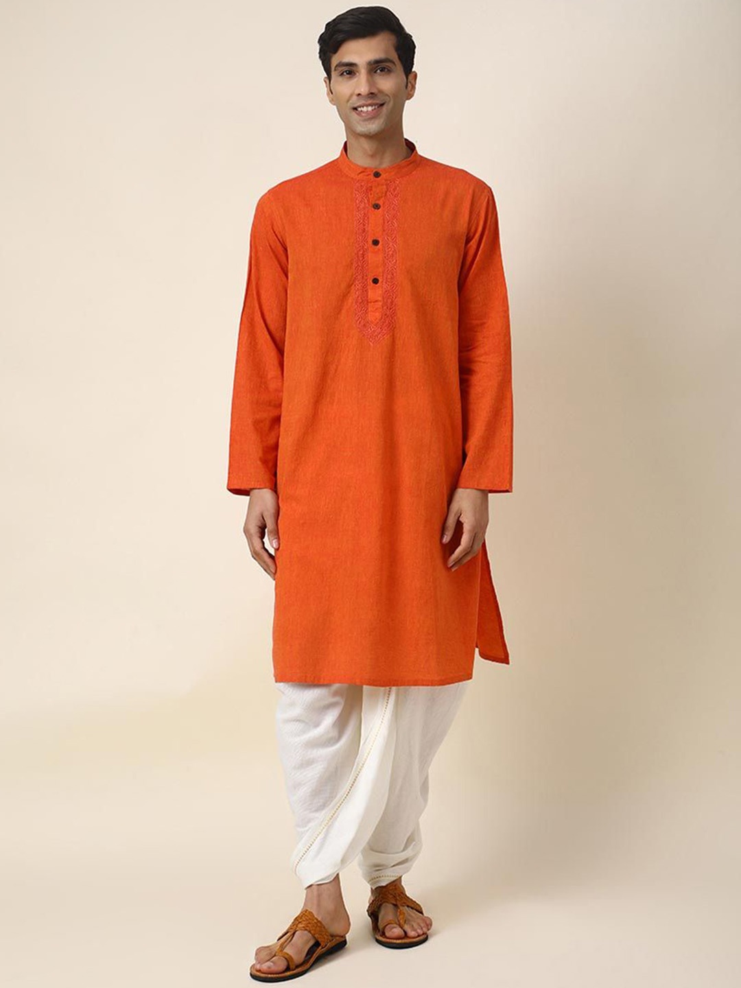 

Fabindia Band Collar Thread Work Cotton Straight Kurta, Orange