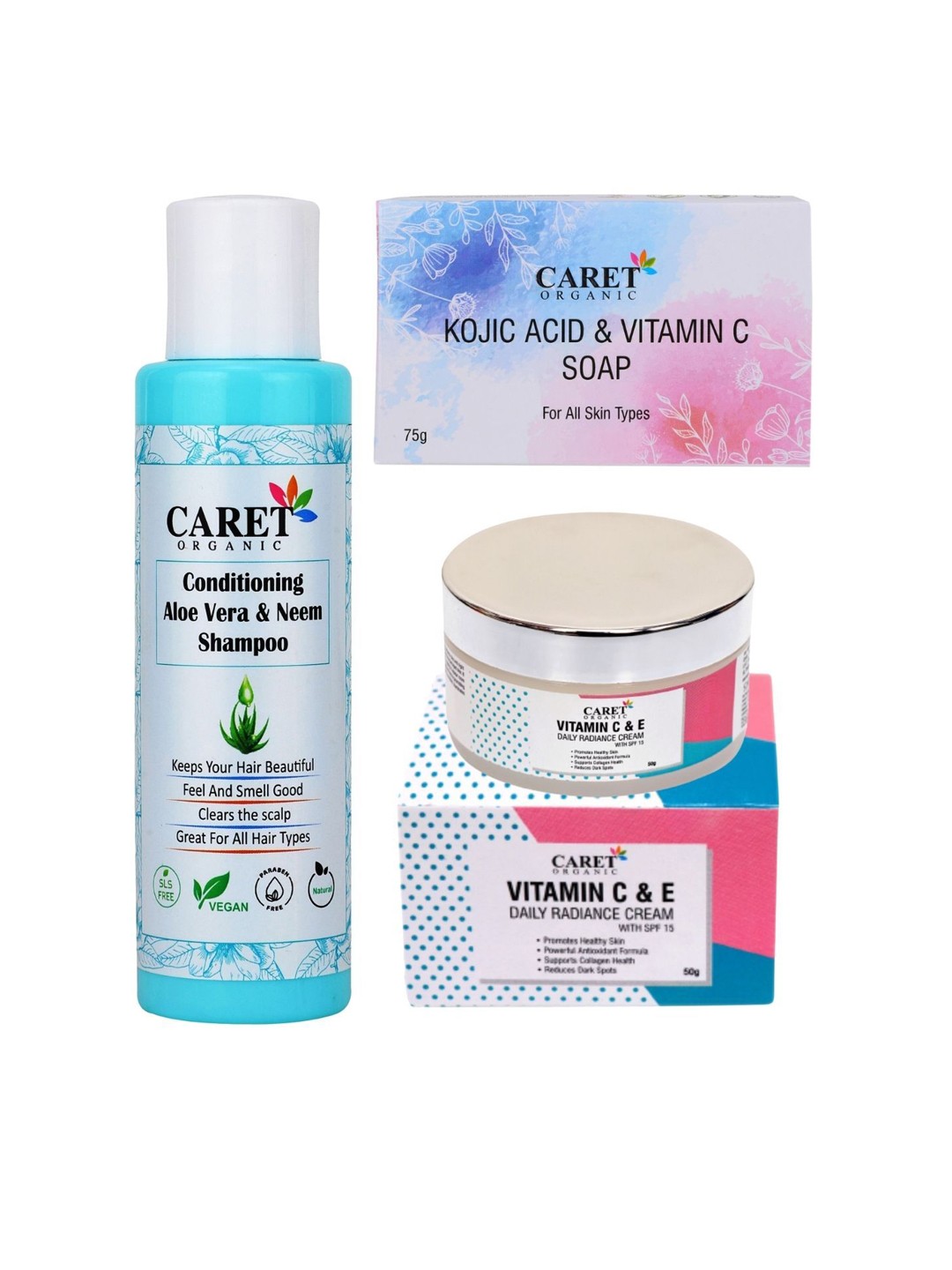 

CARET ORGANIC Set Of 3 Shampoo 250ml & Soap 75g & Radiance Cream 50g, White