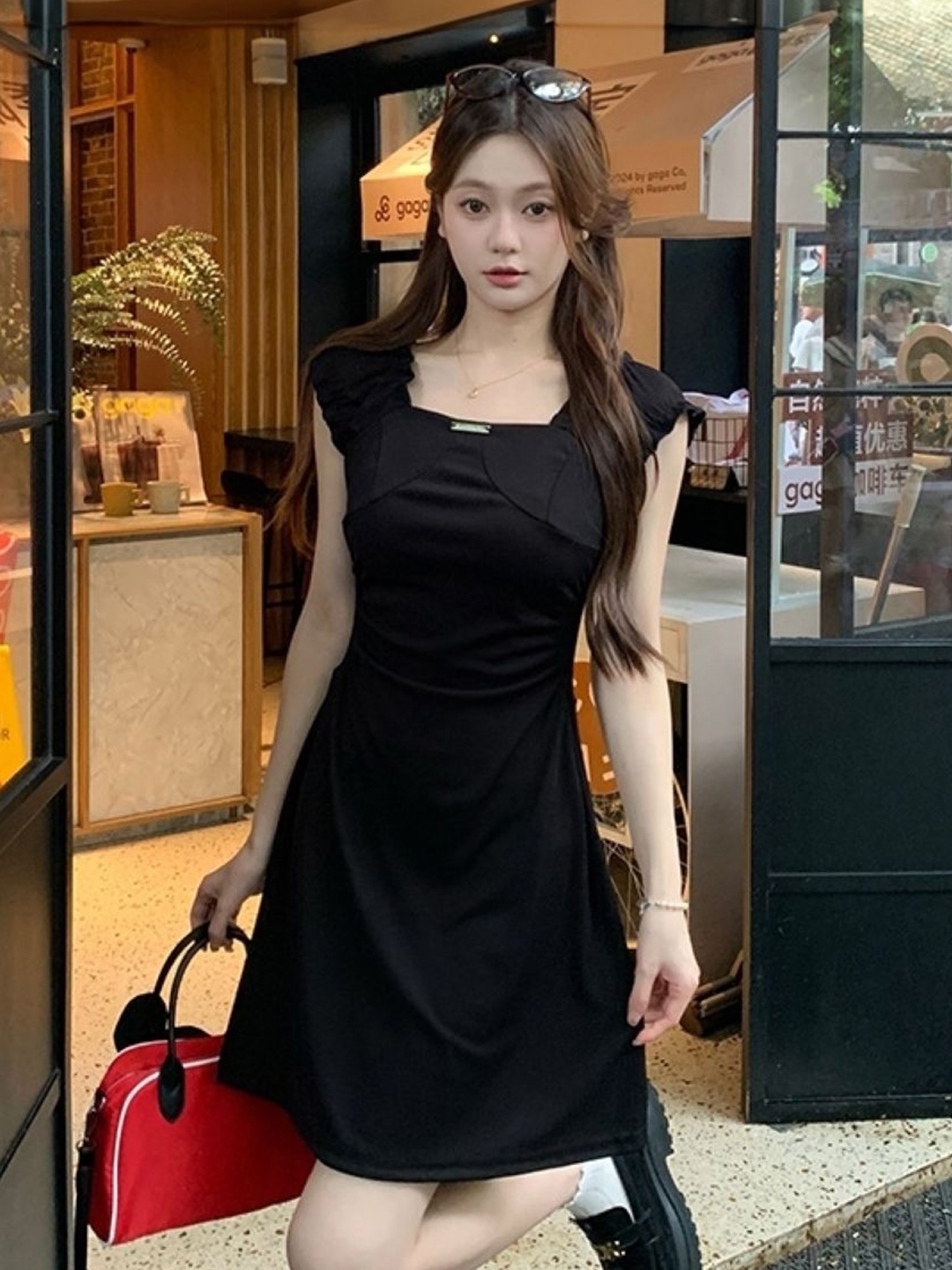 

KPOP Women Square Neck A-Line Sleeveless Dress, Black
