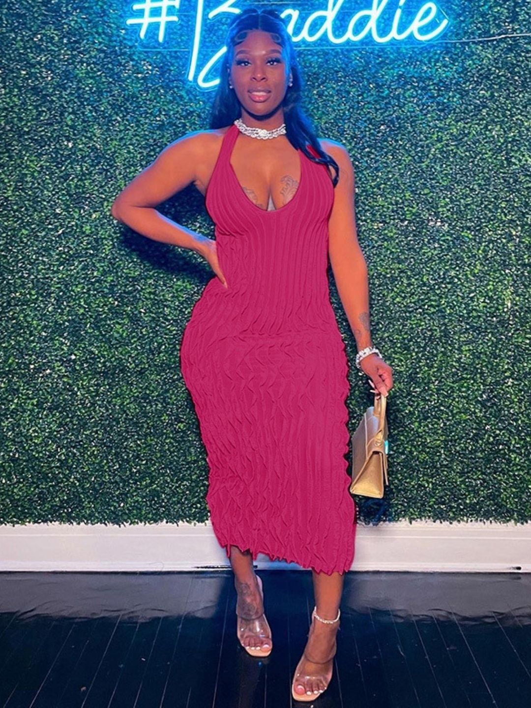 

KPOP Women Midi Sleeveless Bodycon Dress, Pink