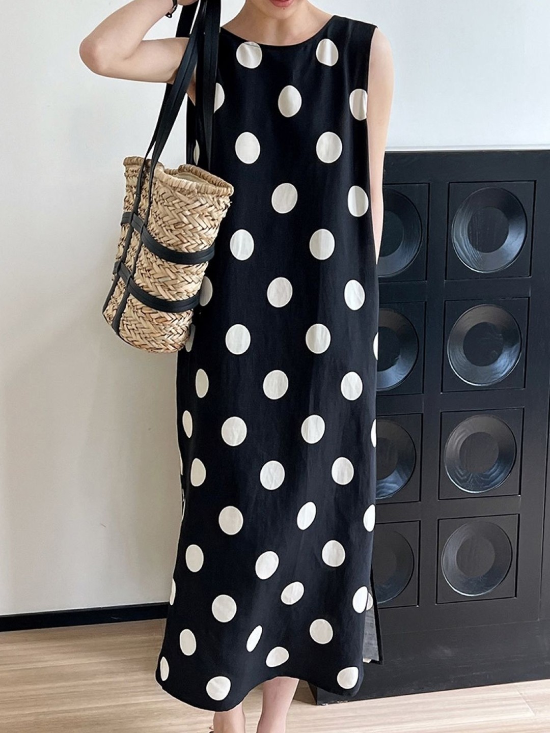 

KPOP Women Polka Dot Printed A-Line Maxi Dress, Black