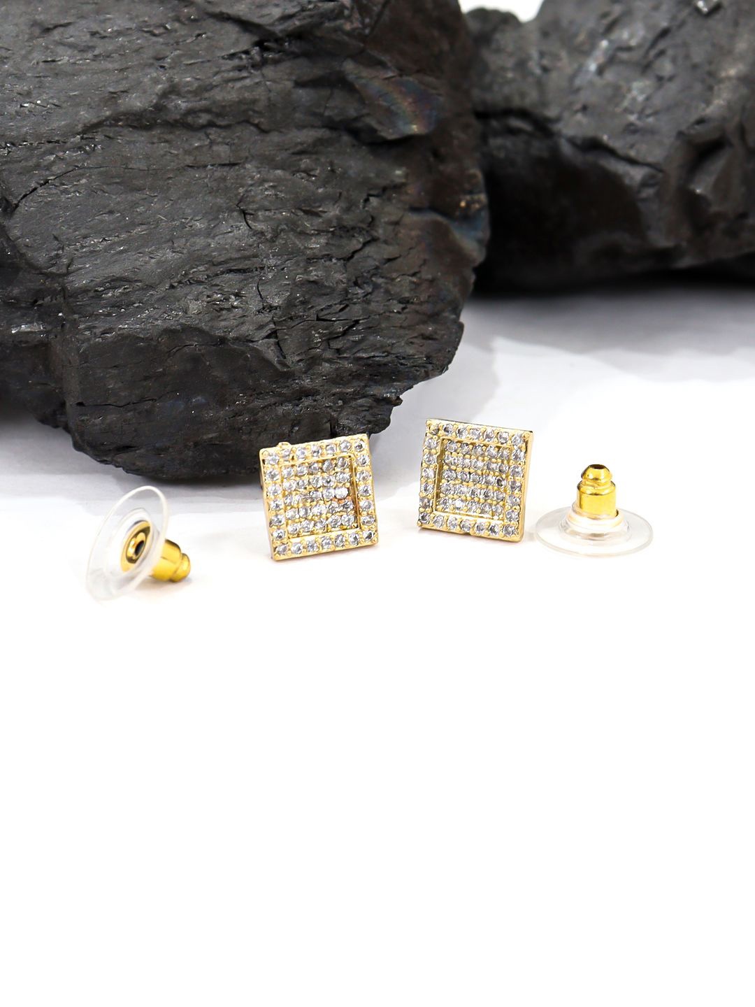 

KRENOZ Men Gold-Plated Stainless Steel Square Shape Cubic Zirconia Studs