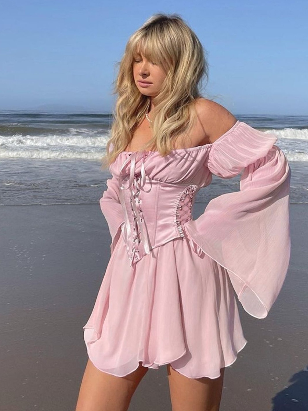 

KPOP Women Lace-Up Off-Shoulder Bell Sleeve Corset Mini Dress, Pink