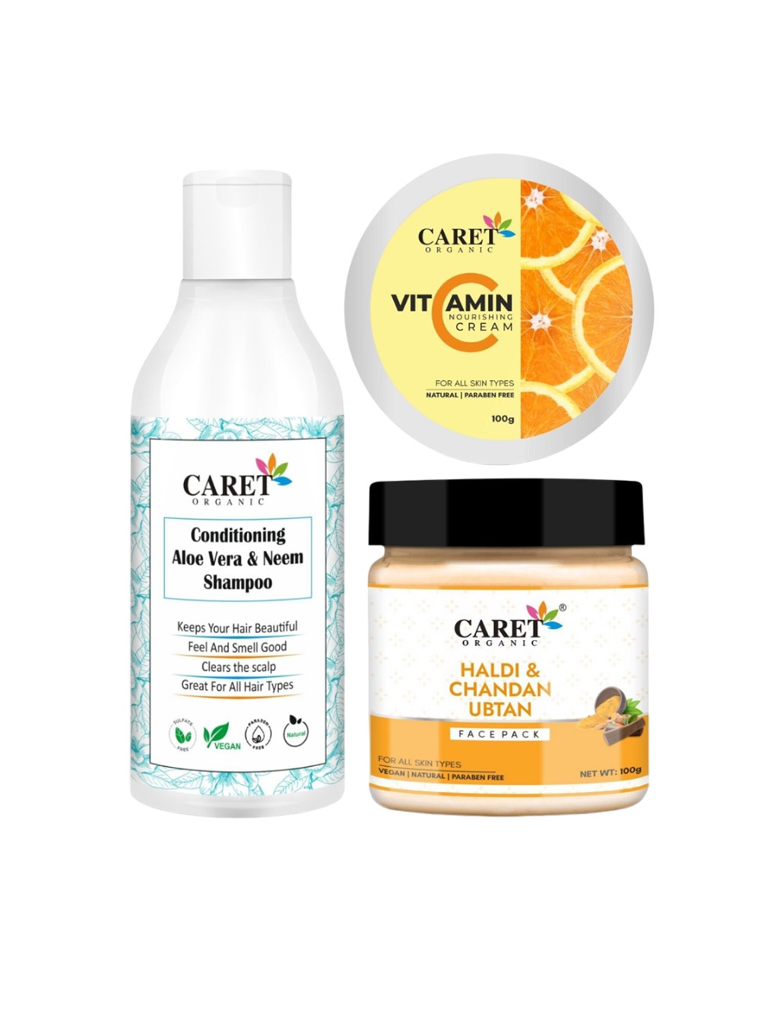 

CARET ORGANIC Set of 3 Shampoo With Ubtan & Vitamin C Cream, White