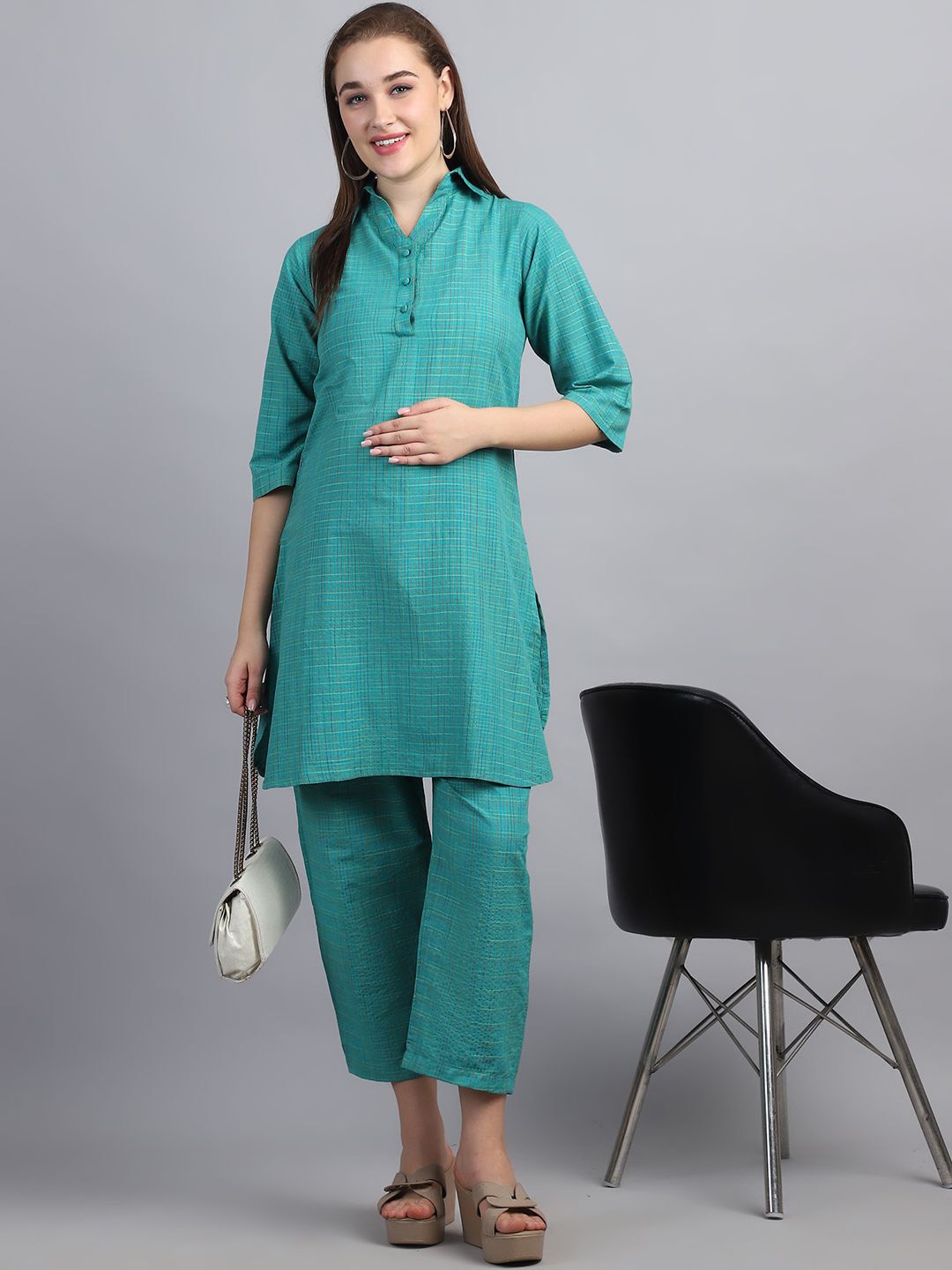 

Moms Maternity Shirt Collar Pure Cotton Kurta with Trousers, Green
