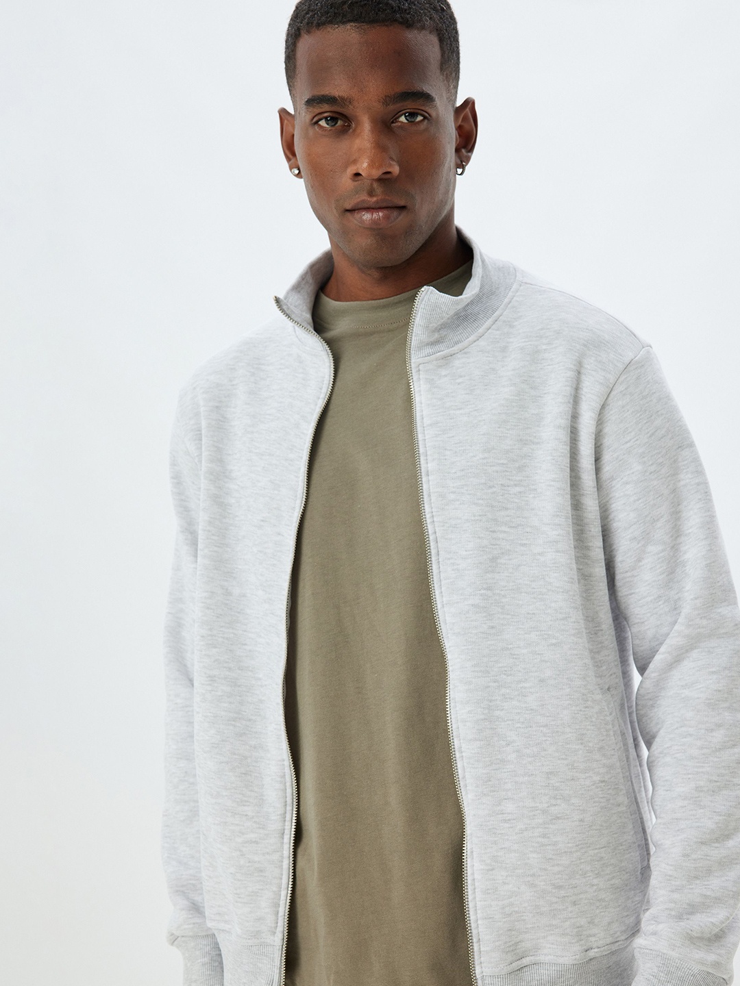 

Koton Men Mock Collar Long Sleeves Front-Open Sweatshirt, Grey