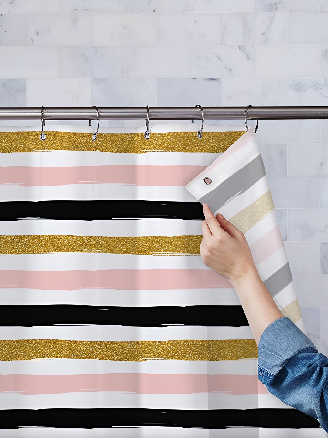 

ArtzFolio Pink & Gold Toned Striped Waterproof Shower Curtain