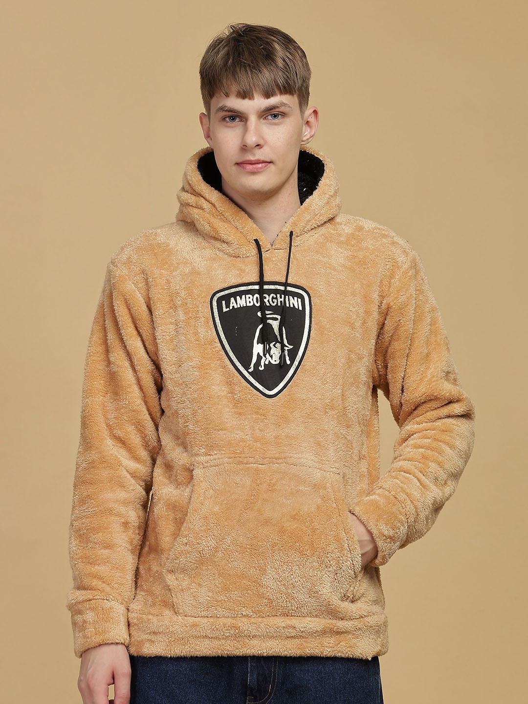 

WE PERFECT Men Graphic Printed Hooded Sweatshirt, Peach