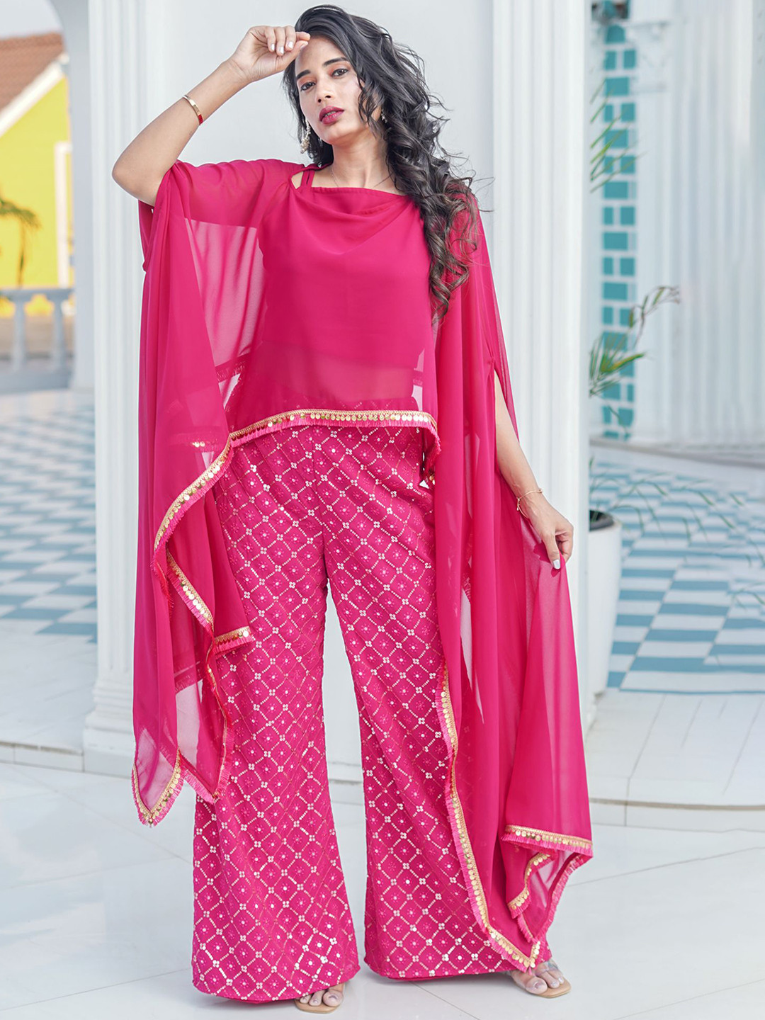 

GO BOUJEE Top And Palazzo With Cape, Pink