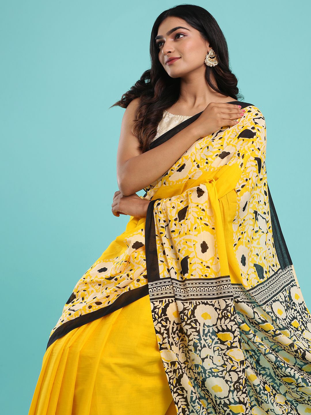 

Kalyan Silks Floral Print Dabu Saree, Yellow