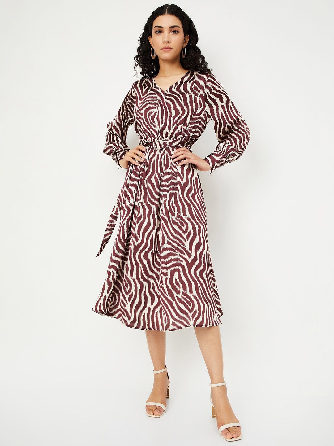 

max Printed V-Neck Cuffed Sleeves Wrap Midi Dress, Brown