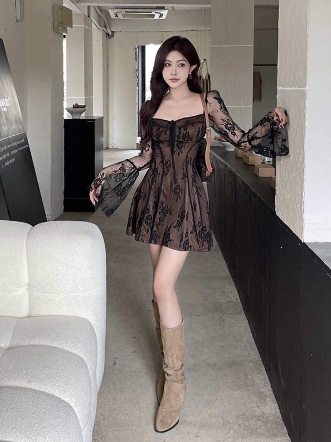

HERE&NOW Women Sweetheart Neck Bell Sleeve Corset Mini Dress, Brown