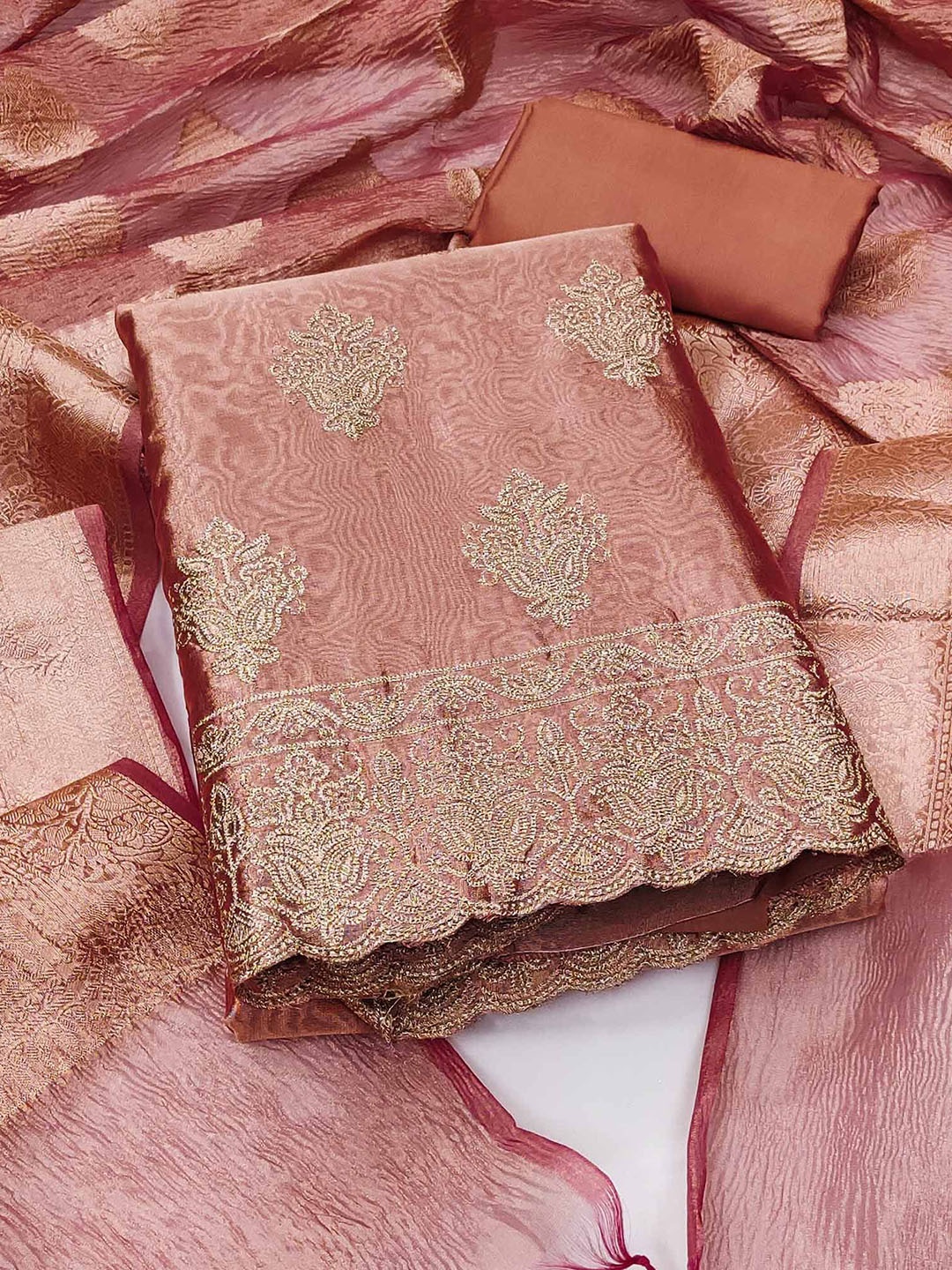 

Peachmode Floral Embroidered Organza Unstitched Dress Material, Peach