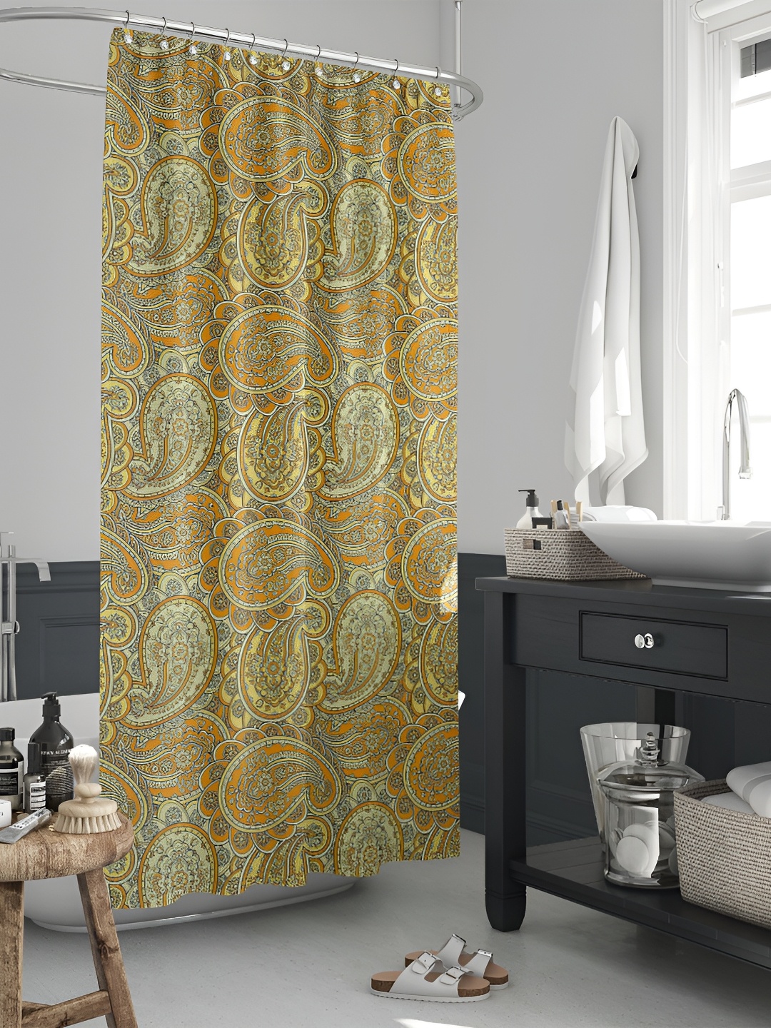 

ArtzFolio Yellow & Orange-Coloured Paisley Printed Waterproof Shower Curtain