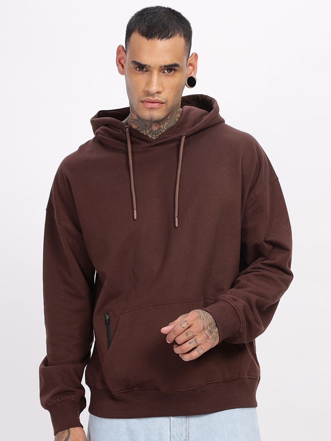 

Elzoh Men Oversized Solid Hooded Sweatshirt, Brown