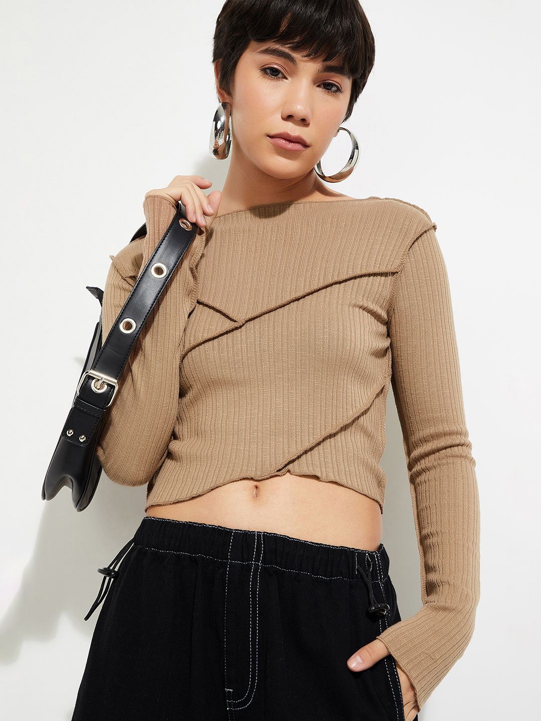 

max ALAYA F x URB_N Women Ribbed Crop Top, Brown