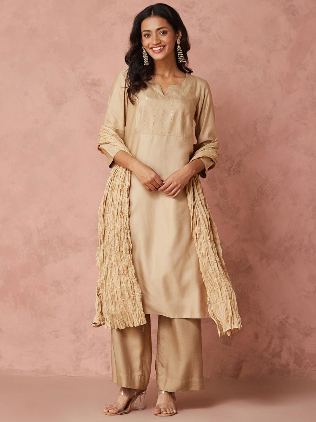 

Fabindia Embellished Cotton A-Line Kurta With Dupatta, Beige