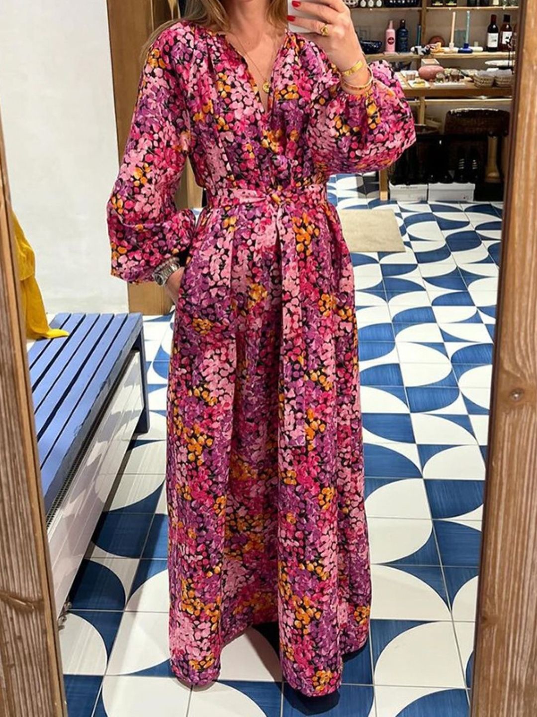 

StyleCast Women Floral Printed Puff Sleeve A-Line Maxi Dress, Pink