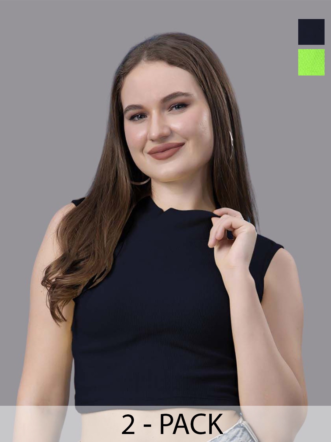 

Friskers Women Pack of 2 Cotton High Neck Sleeveless Crop Top, Green