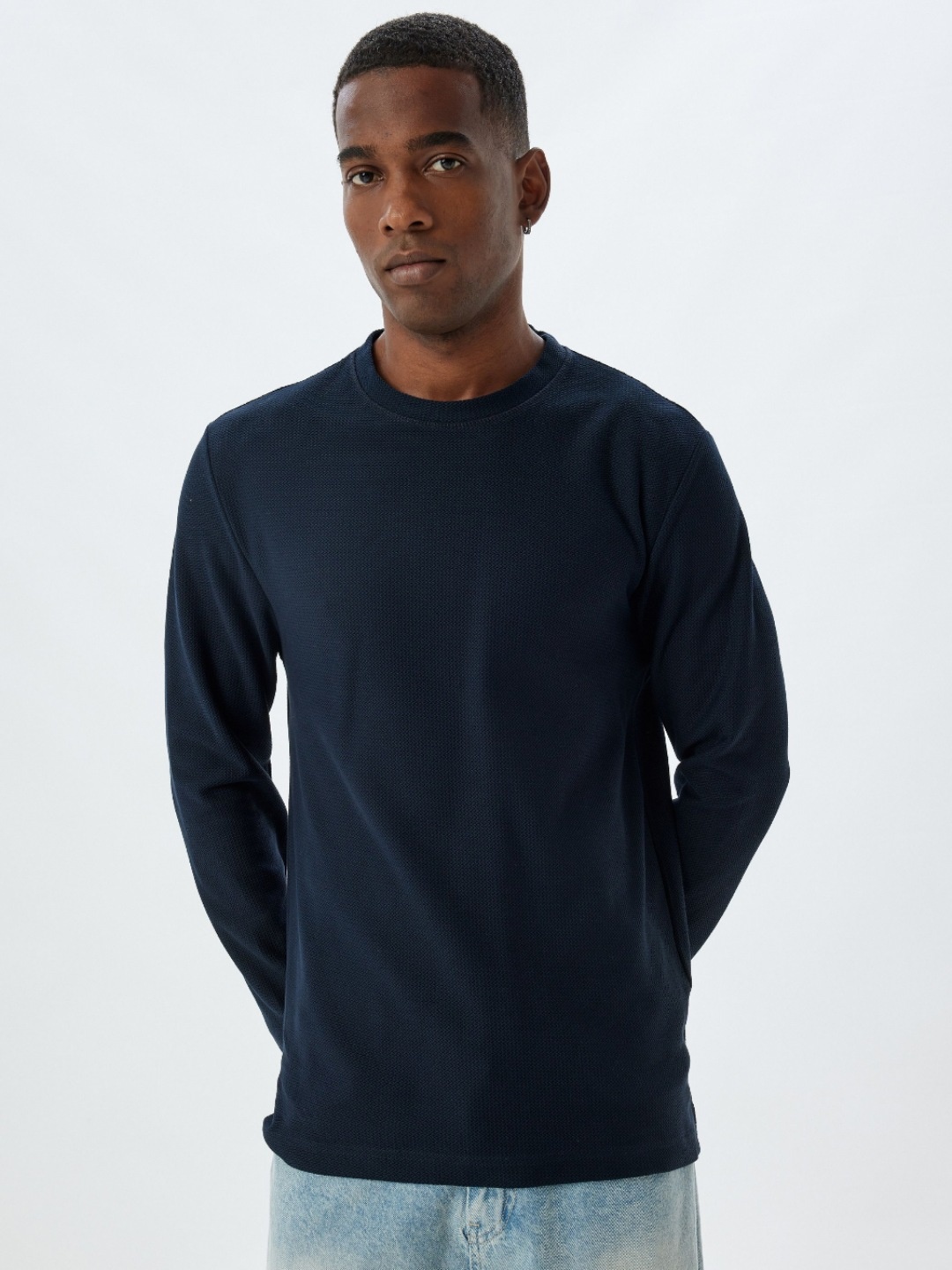 

Koton Men Self Design Round Neck Cotton T-shirt, Navy blue