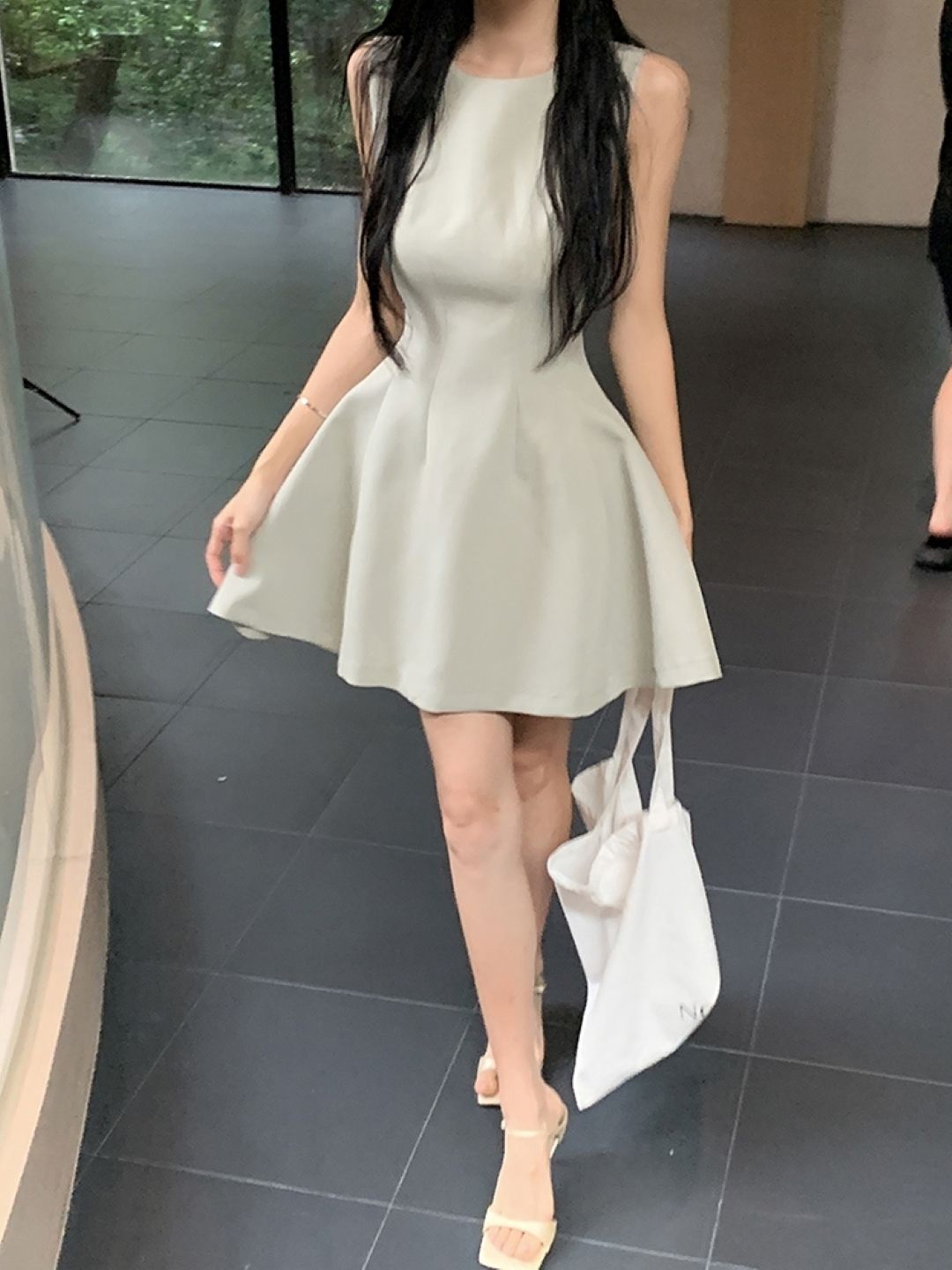 

KPOP Round Neck Sleeveless A-Line Mini Dress, Beige