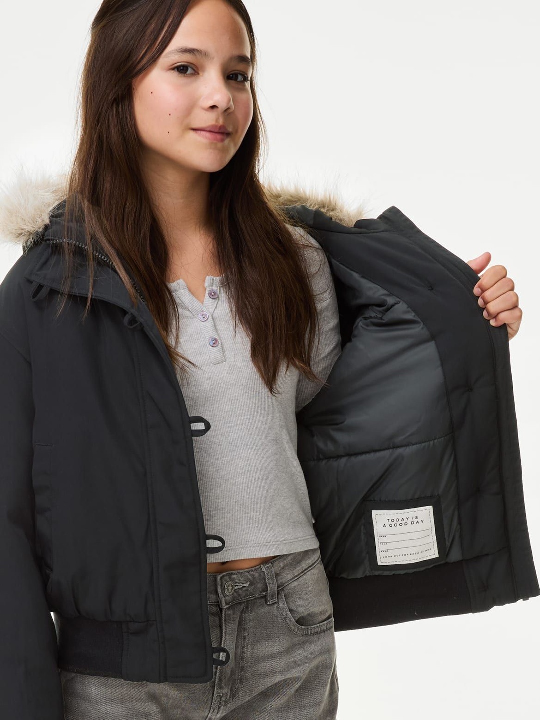 

Marks & Spencer Girls Polyester Parka with Patchwork Jacket, Black