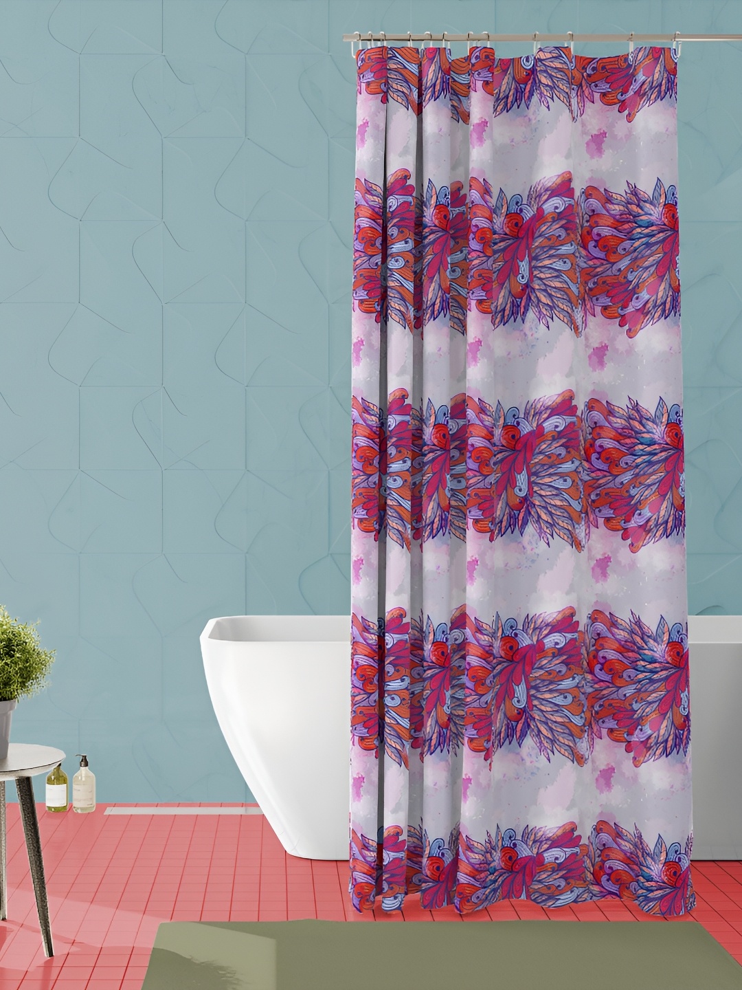 

ArtzFolio Grey & Blue Floral Printed Waterproof Shower Curtain