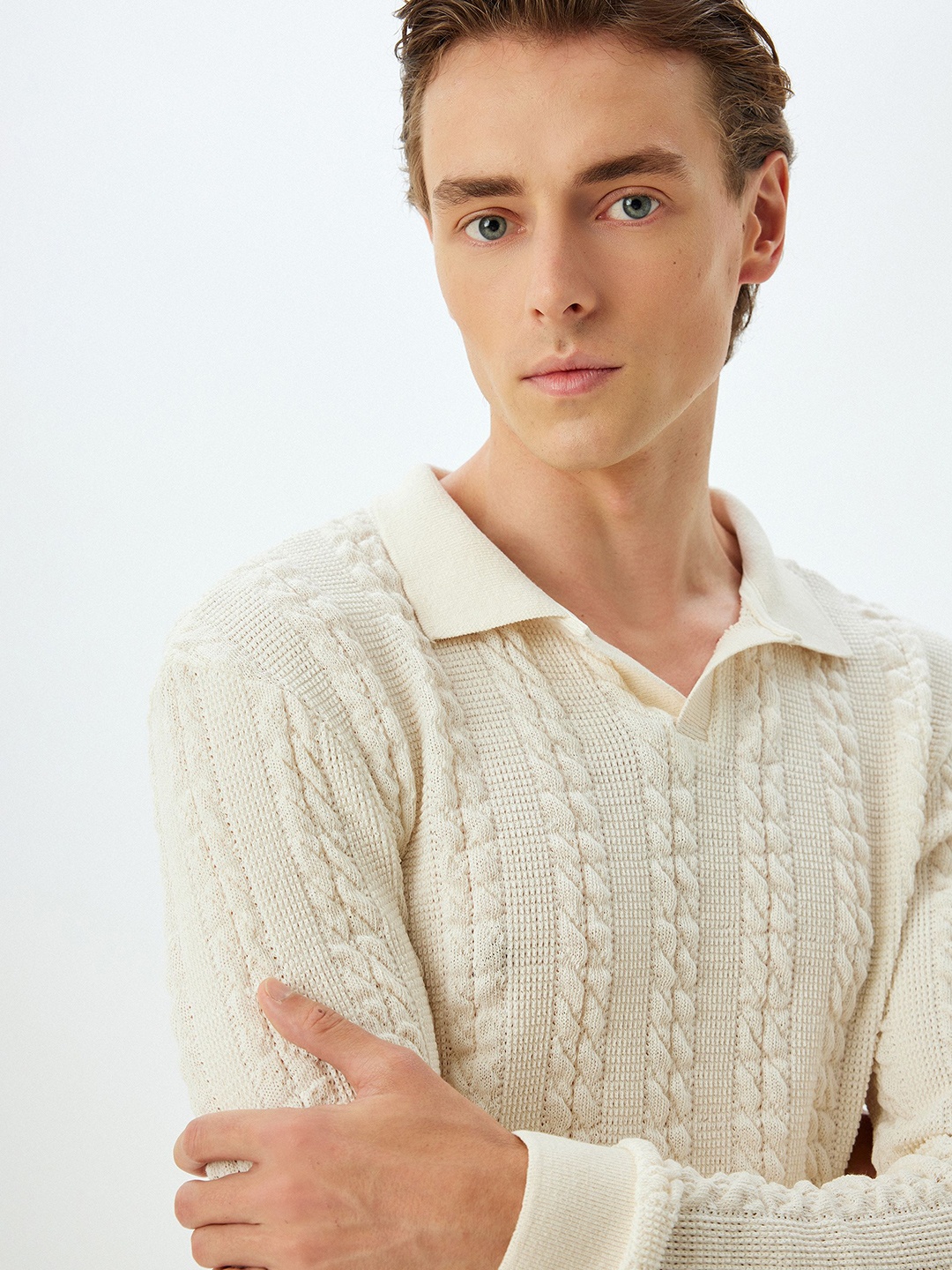 

Koton Men Cable Knit Shirt Collar Long Sleeves Pullover Sweaters, Beige