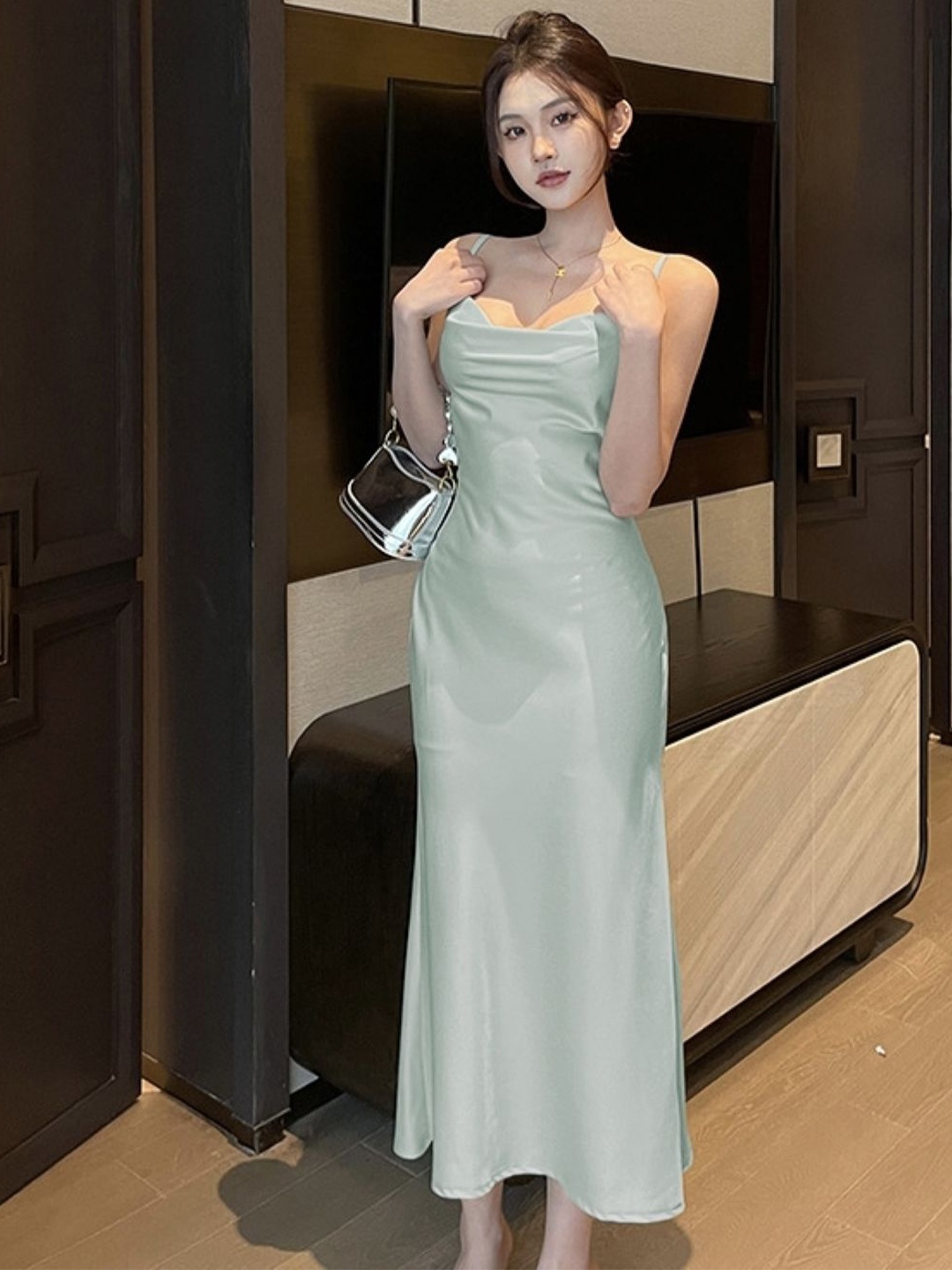 

KPOP Women Shoulder Straps Sheath Maxi Dress, Blue