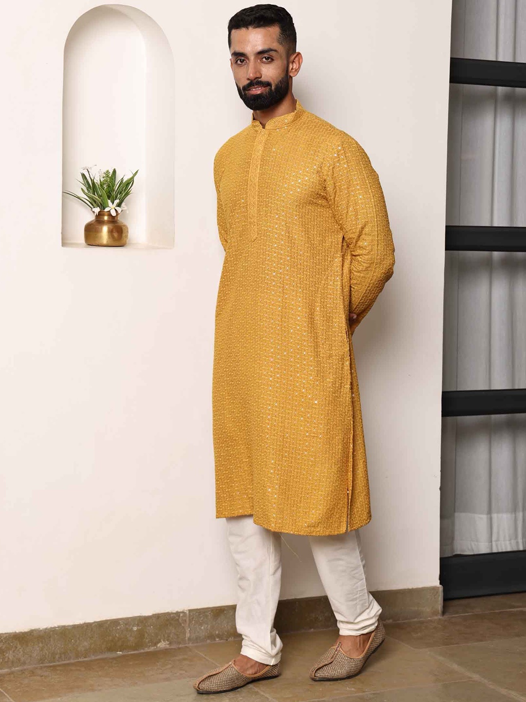 

Ethnic India Ethnic Motifs Embroidered Sequined Straight Kurta, Mustard