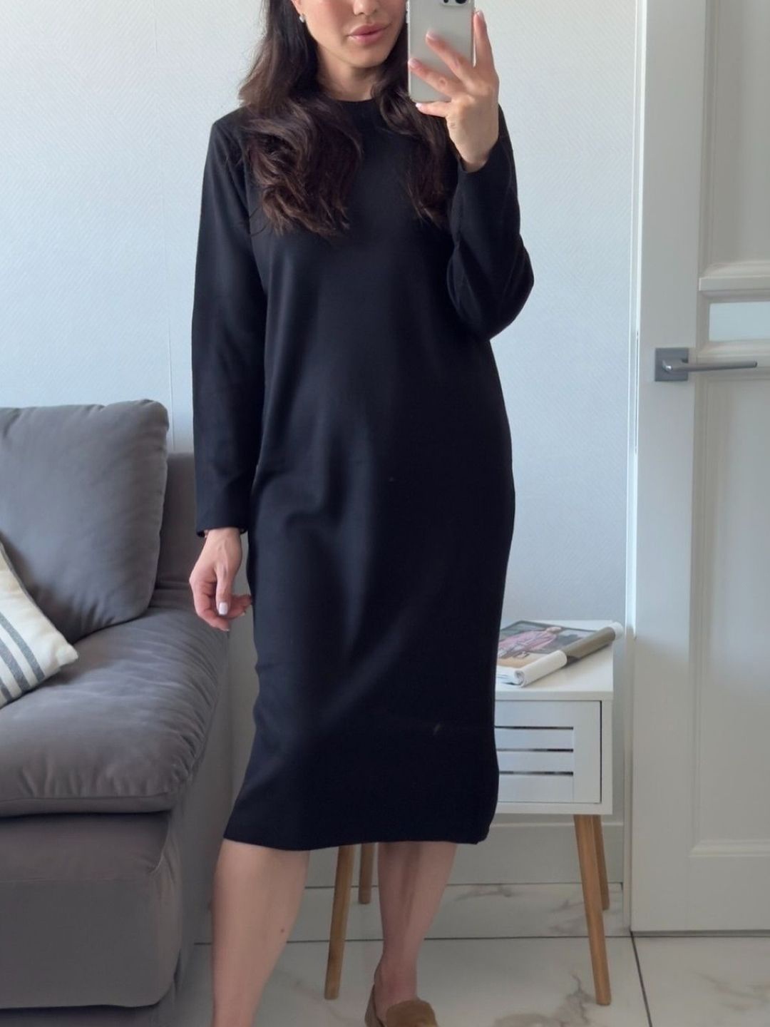 

HERE&NOW Round Neck Knee Length Long Sleeves Solid A-Line Dress, Black