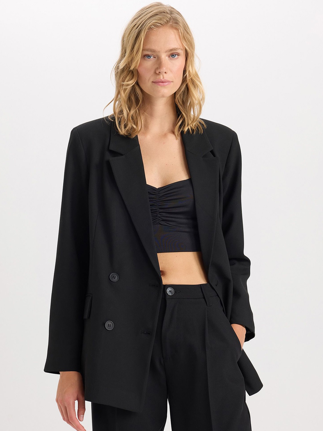 

DeFacto Notched Lapel Double Breasted Blazers, Black