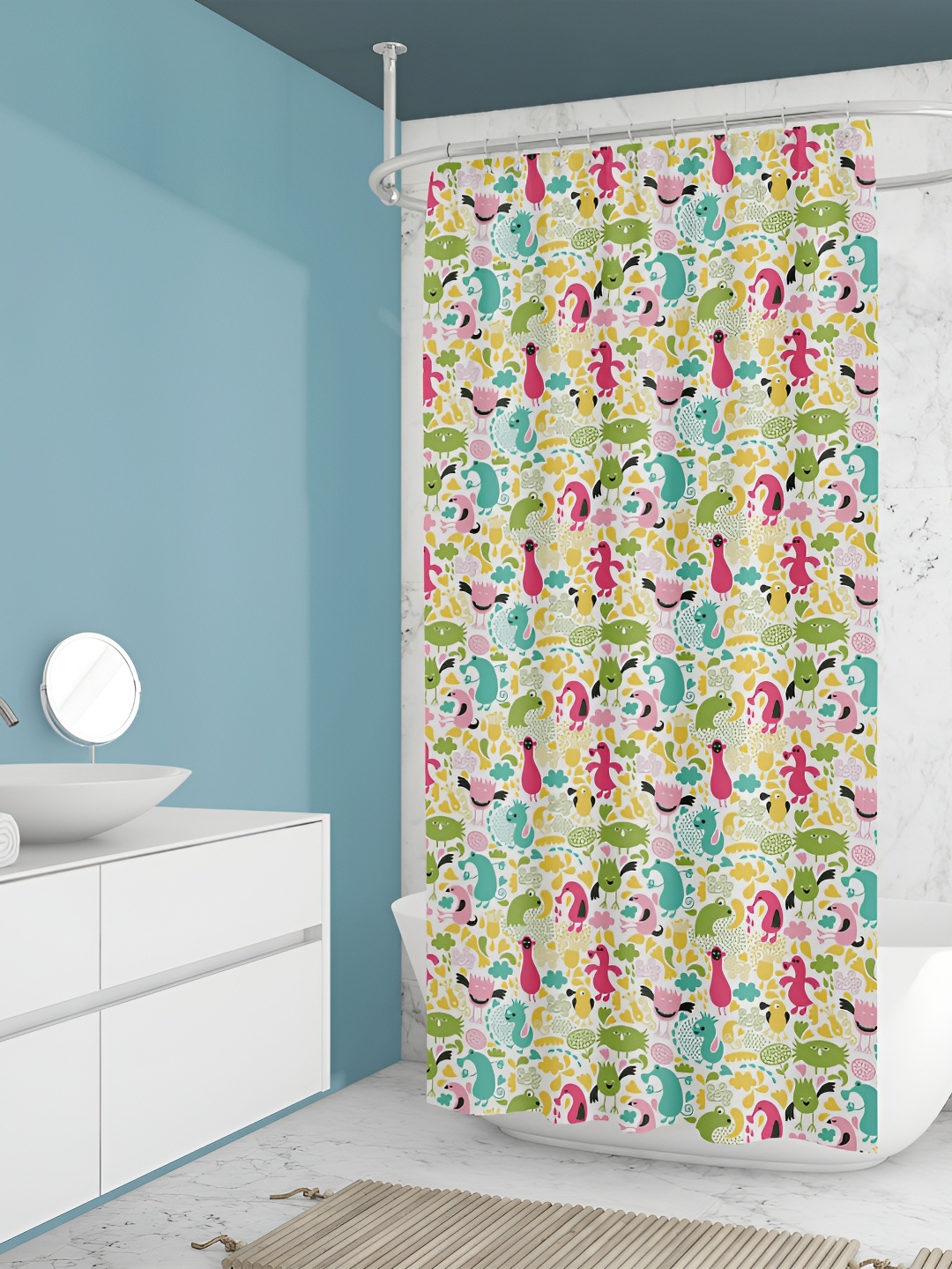 

ArtzFolio White & Green Cartton Printed Waterproof Shower Curtain