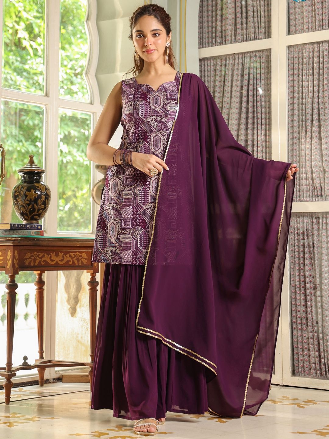 

Janasya Embroidered Sequinned Kurta with Sharara & Dupatta, Purple