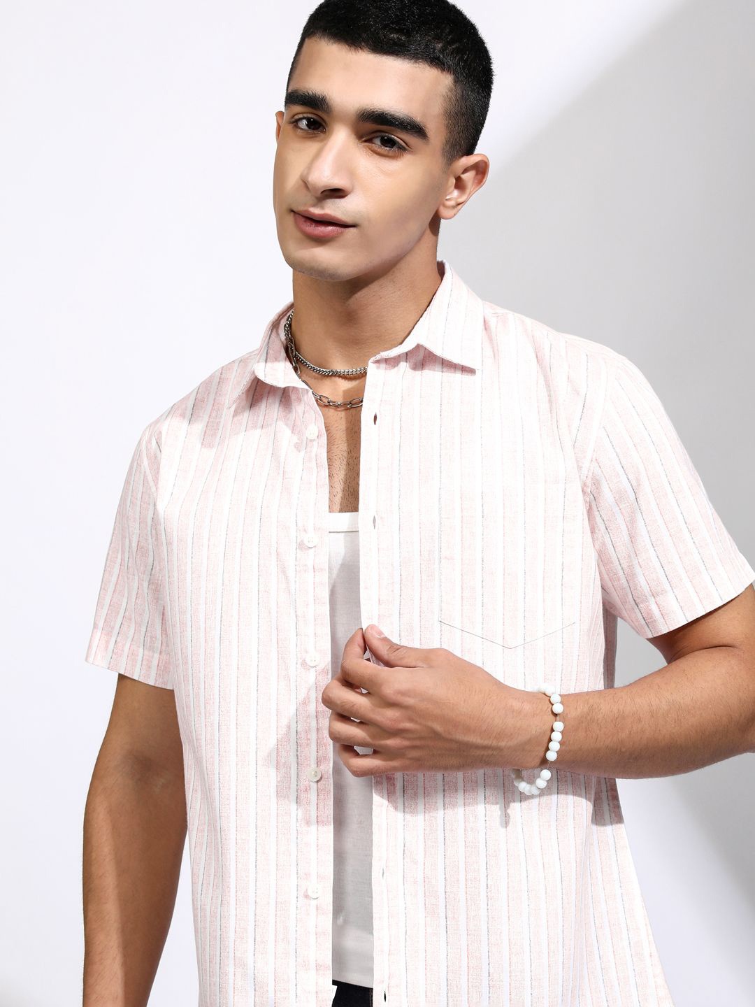 

HIGHLANDER Men Cotton Linen Striped Casual Shirt, Pink