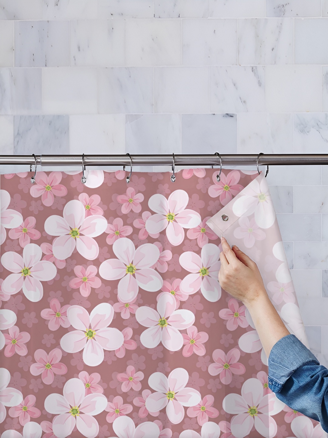 

ArtzFolio Pink & Off-White Printed Waterproof Shower Curtains