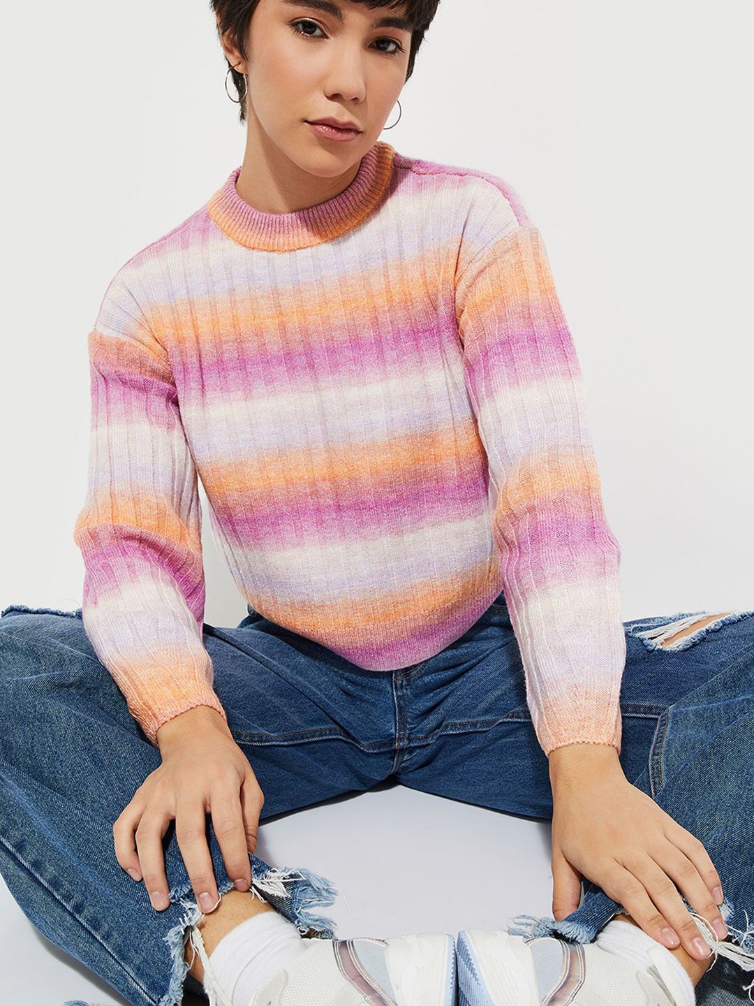 

MAX URB_N Women Striped Sweater, Pink
