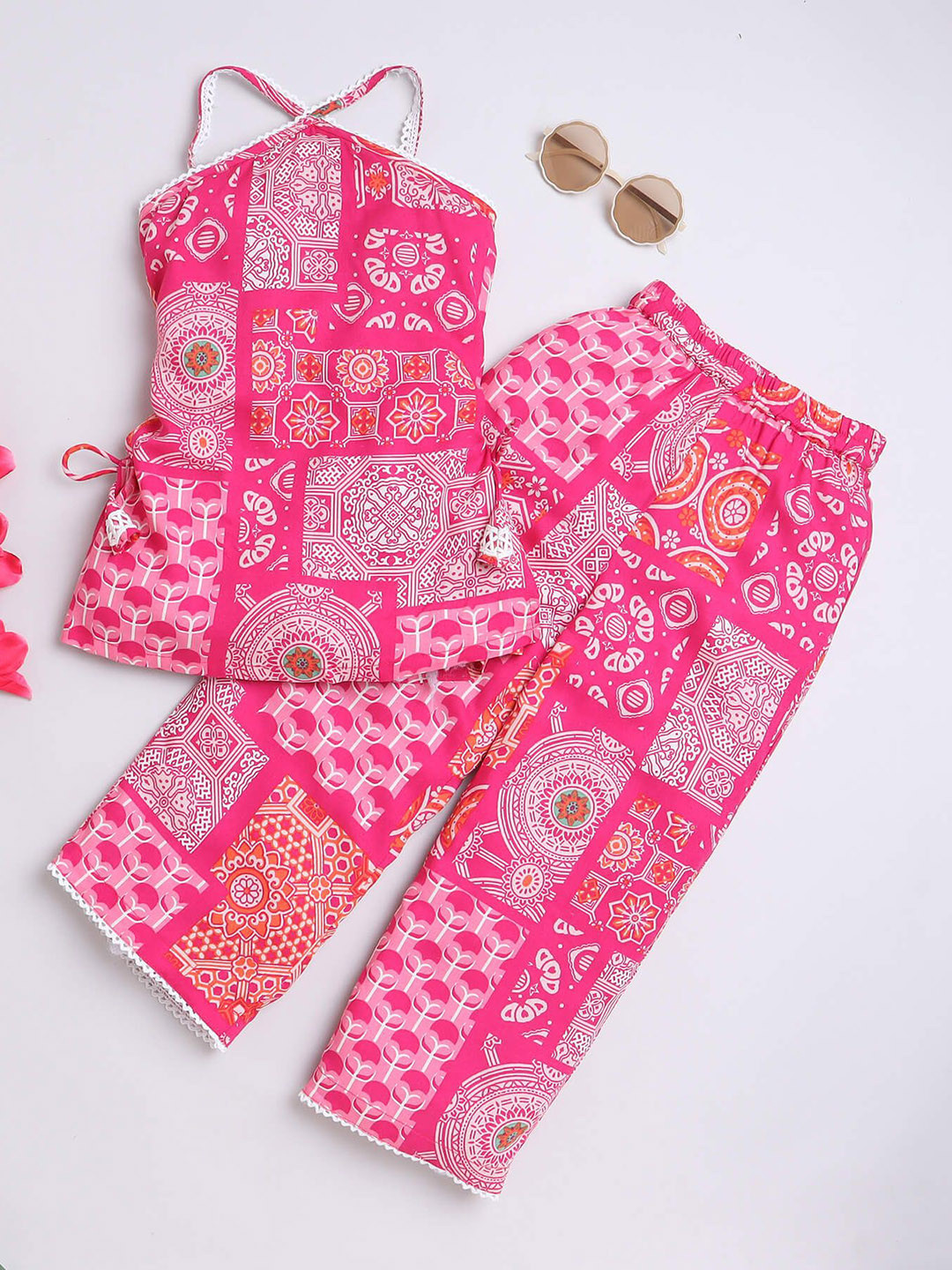 

taffykids Girls Geometric Printed Halter Neck Sleeveless Top With Palazzo, Pink