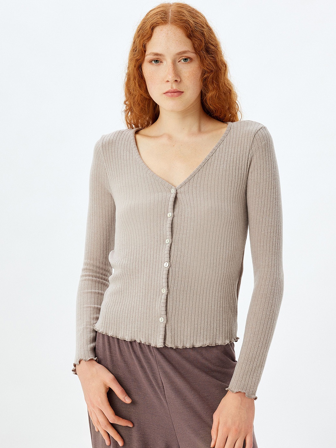 

Koton Women V-Neck Long Sleeves Shirt & Pyjamas Night suit, Brown