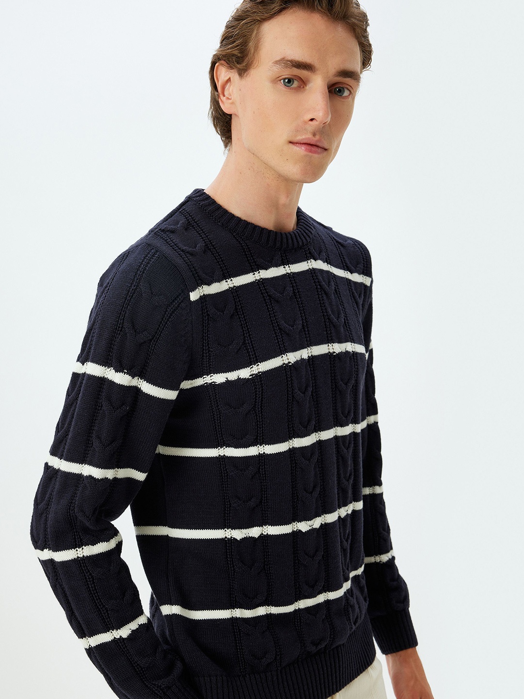 

Koton Men Self Design Cotton Striped Pullover, Navy blue