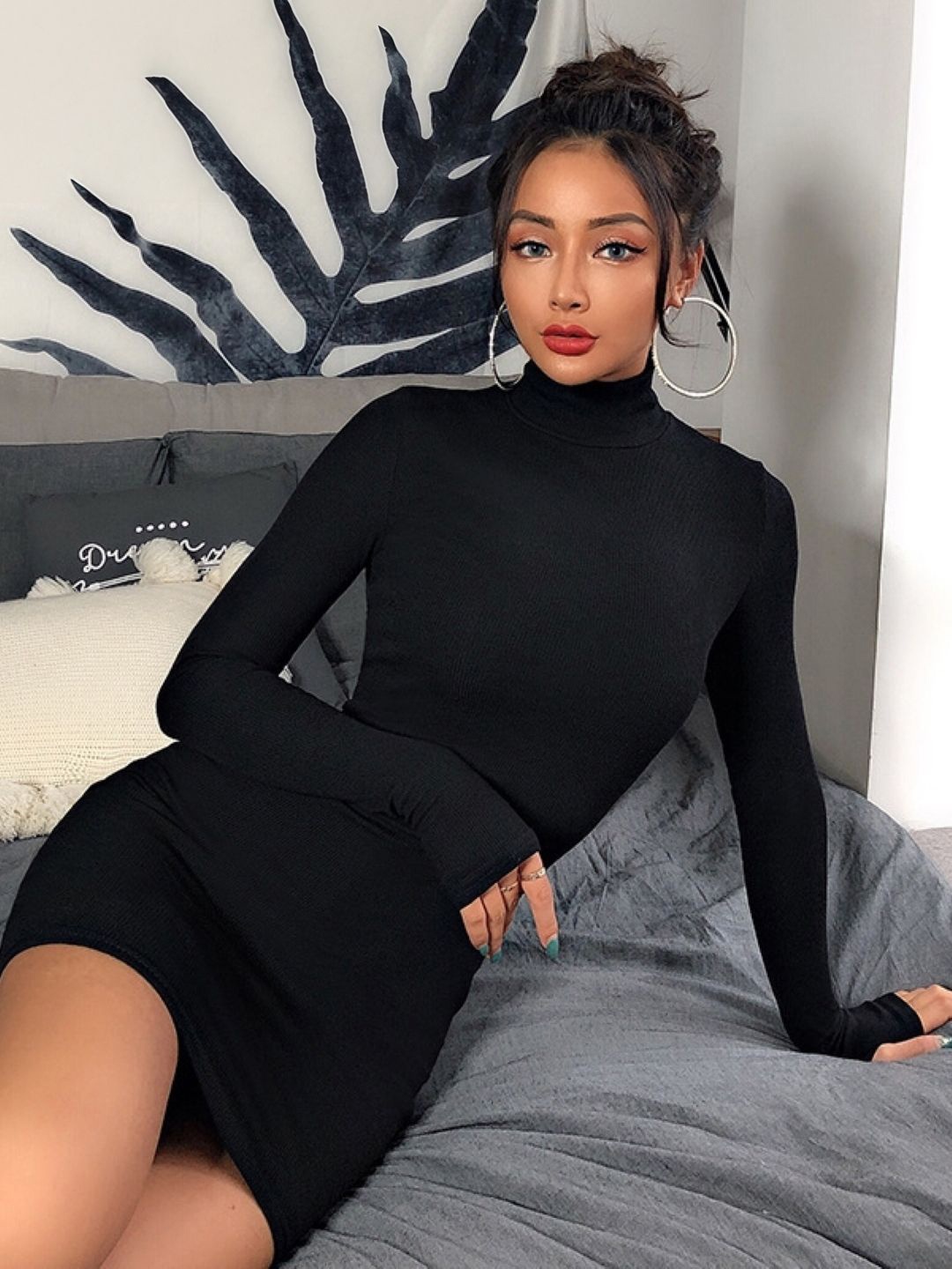

KPOP Women High Neck Bodycon Above Knee Dress, Black