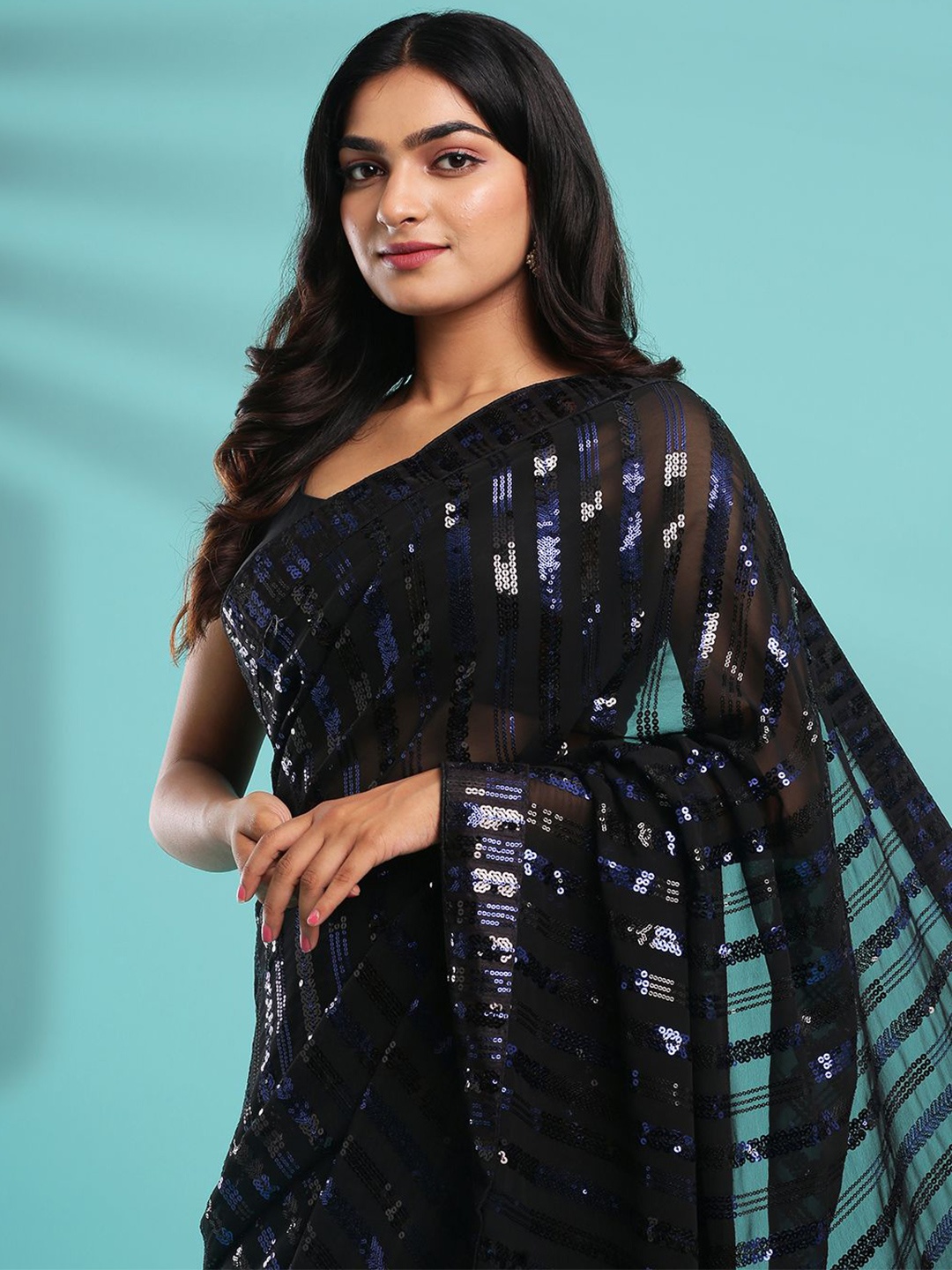 

Kalyan Silks Embellished Sequinned Bagru Saree, Black