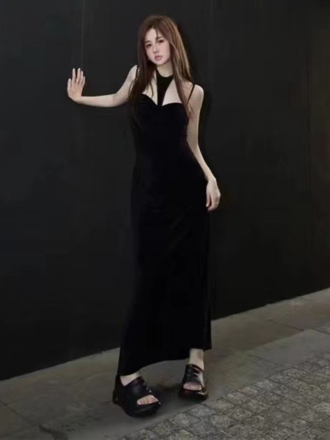 

KPOP Women Shoulder Straps Sleeveless Bodycon Maxi Dress, Black