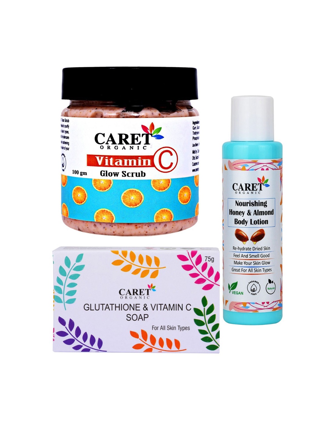

CARET ORGANIC Set Of 3 Vitamin C Glow Scrub With Honey Body Lotion & Vitamin C Soap, White