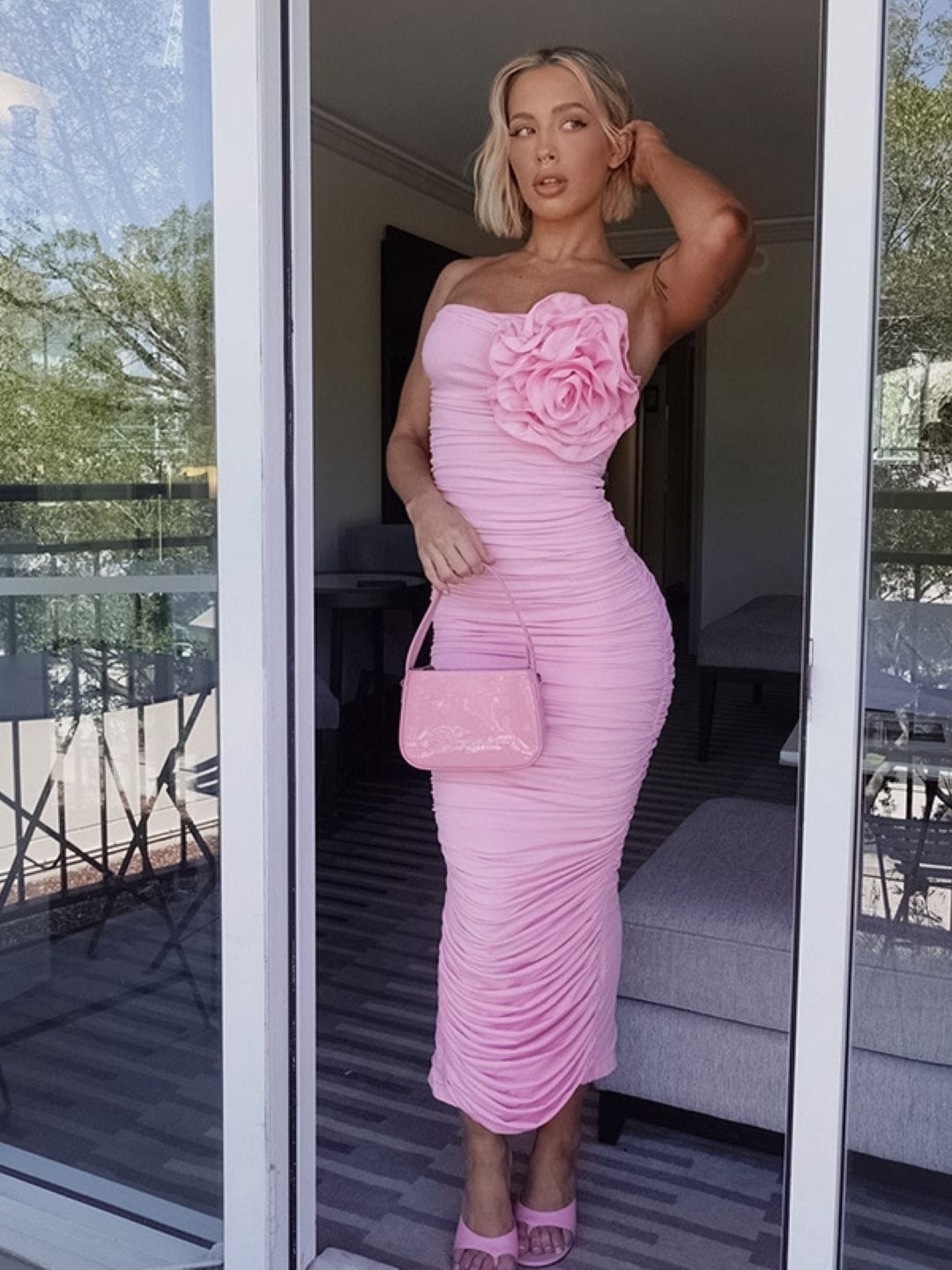 

KPOP Women Gathered Bandeau Midi Dress, Pink